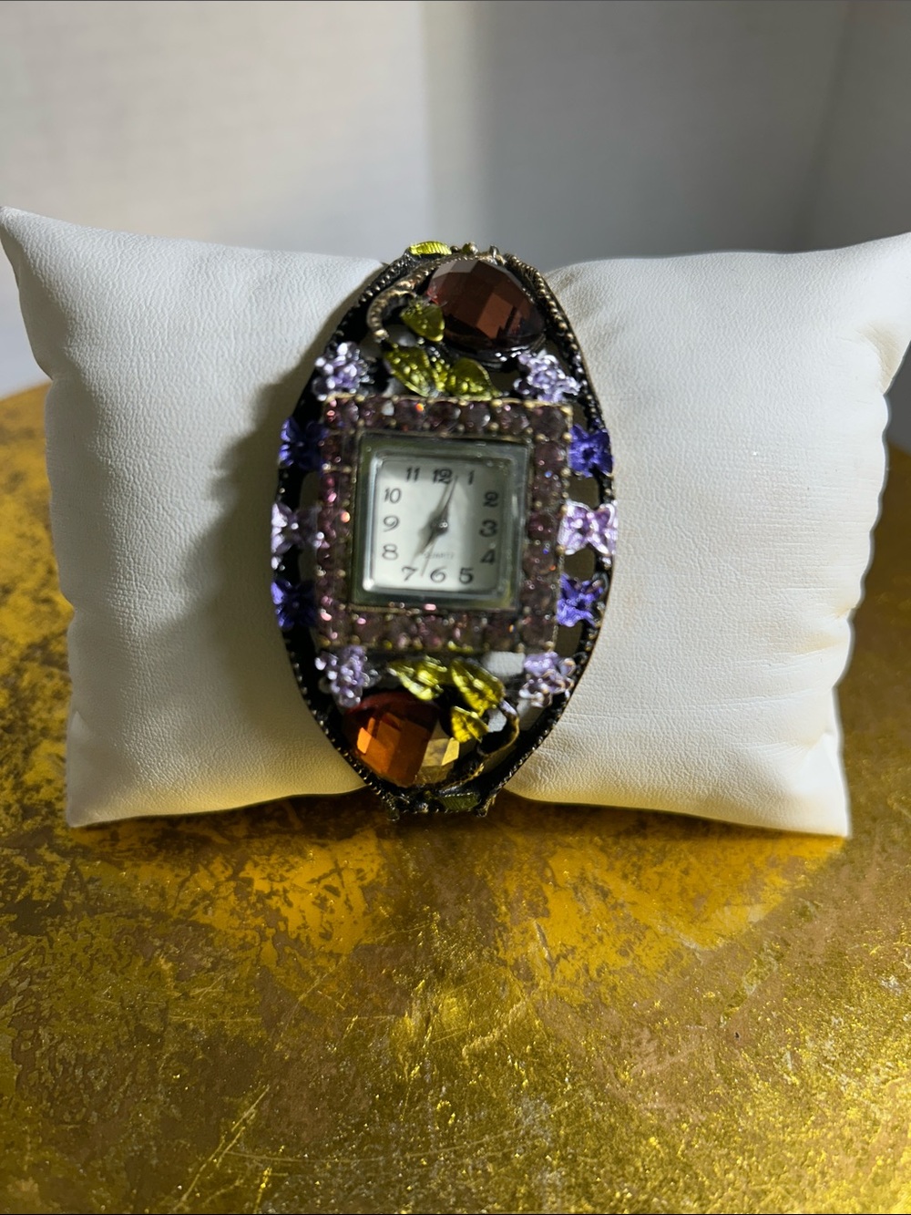 Embellished Floral Crystal Bracelet Watch in Purple, Amber & Green